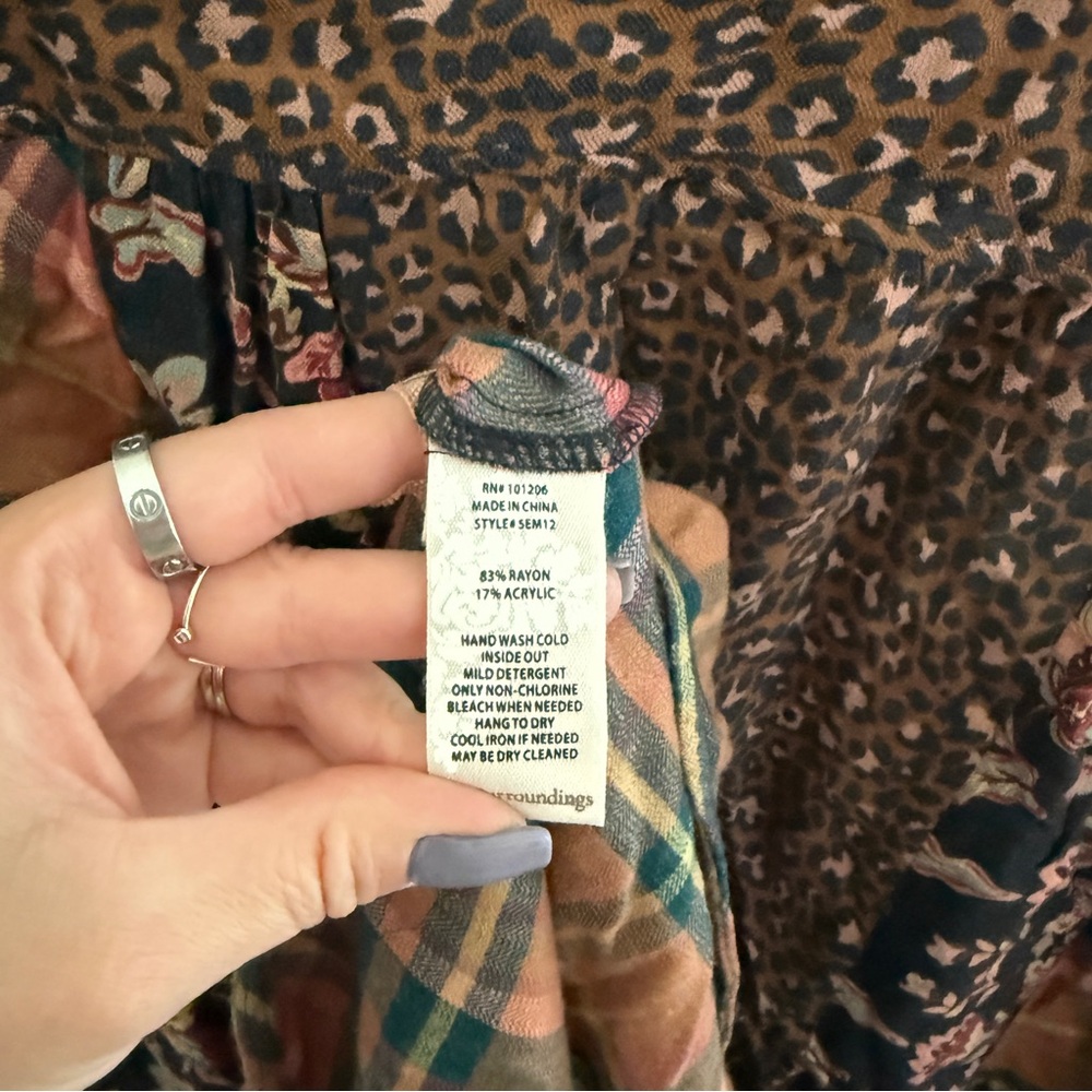 Soft Surroundings brown mixed floral animal print plaid boho long sleeve shirt - Picture 6 of 8